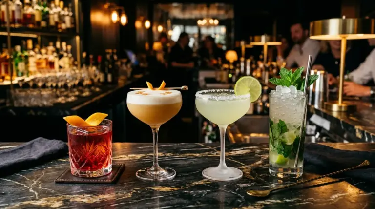 Deretan koktail klasik artisanal seperti Negroni, Whisky Sour berbusa tebal, Margarita berselimut garam, dan Mojito mint segar di atas meja bar marmer mewah