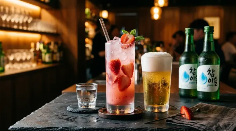 Deretan racikan minuman campuran soju Korea seperti Soju Yakult stroberi, segelas bir Somaek dingin berbusa, dan sloki soju di atas meja bar modern