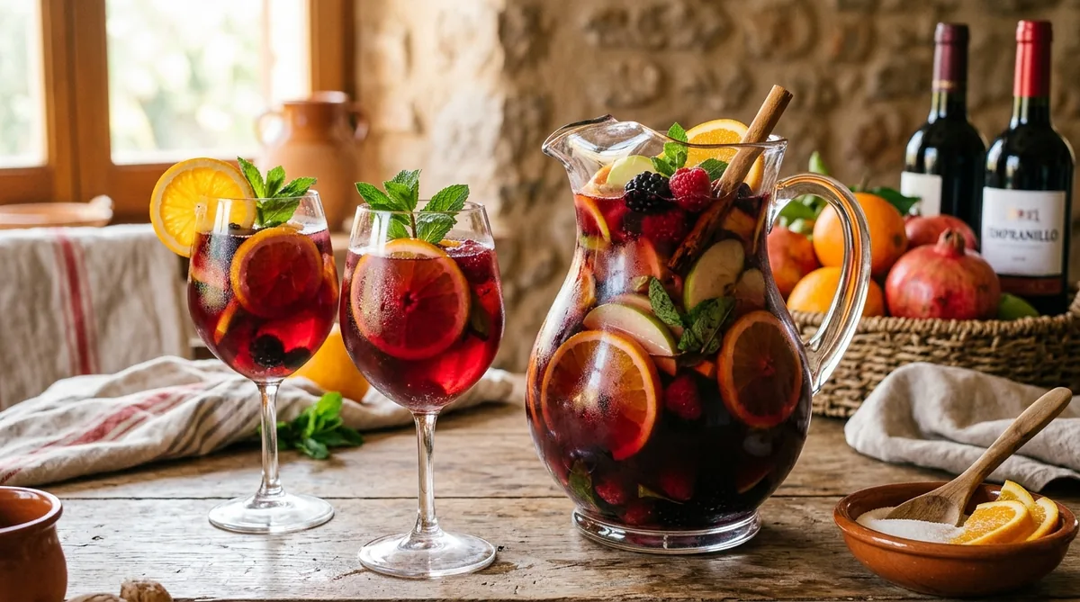 Pitcher kaca berisi red wine Sangria tradisional Spanyol dengan irisan jeruk, apel, beri segar, batang kayu manis dan gelas wine saji