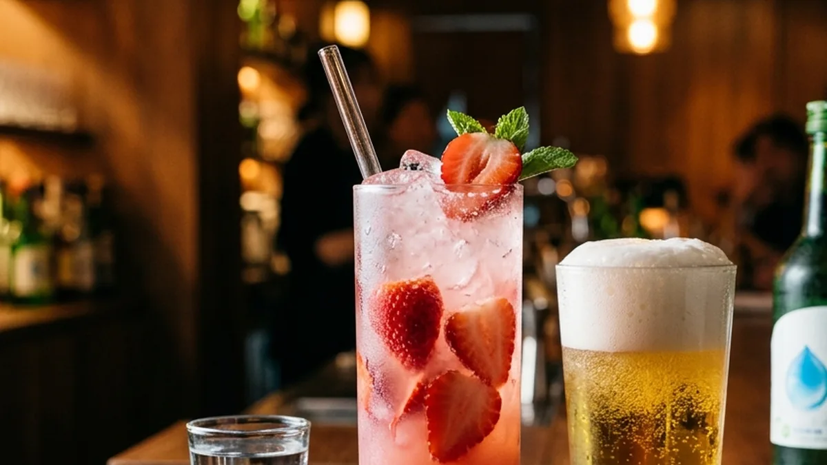 Segelas koktail soju stroberi segar dengan sedotan kaca dan segelas bir dingin berbusa tebal racikan Somaek Korea di meja lounge
