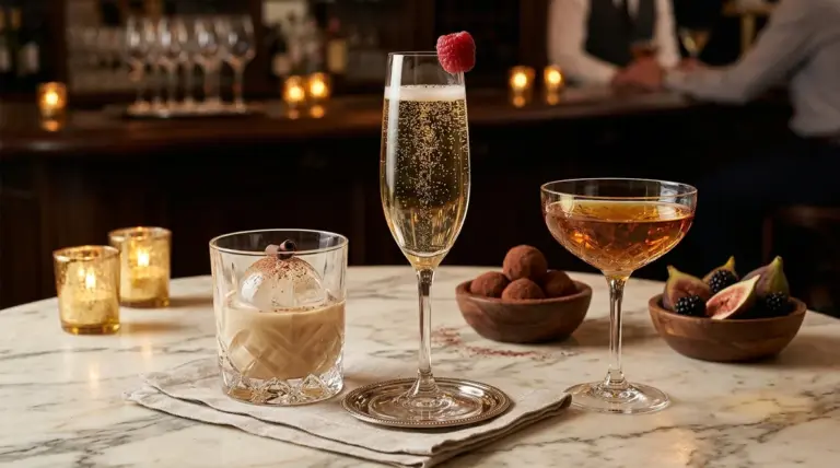 Deretan minuman alkohol manis seperti segelas sparkling Moscato bergelembung halus, Irish cream liqueur di atas es batu bulat, dan dessert wine elegan di meja marmer