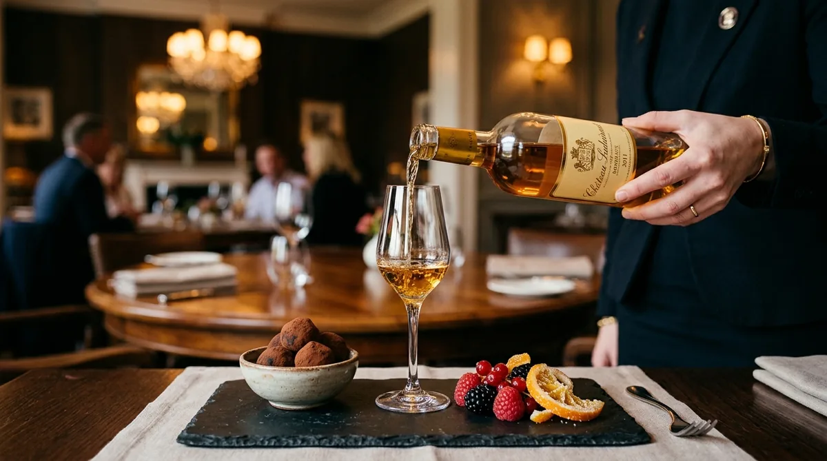 Sommelier menuangkan dessert wine manis berwarna keemasan ke dalam gelas saji kristal di samping sajian truffle cokelat pekat dan buah beri segar
