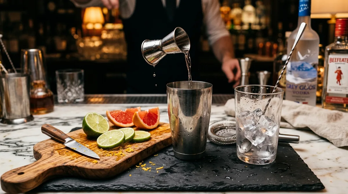 Peralatan mixology cocktail lengkap dengan jigger stainless, Boston shaker, potongan jeruk nipis segar, dan balok es kristal