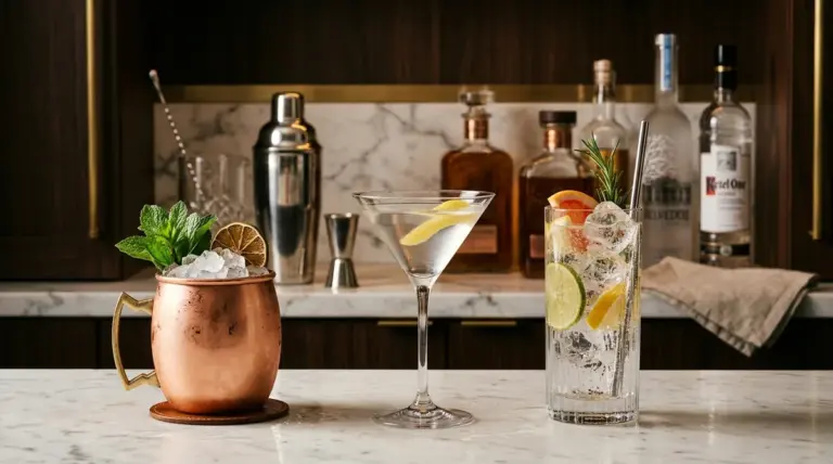 Deretan racikan cocktail berbasis vodka seperti Moscow Mule dalam mug tembaga, Martini dingin, dan Highball citrus di atas meja bar marmer mewah