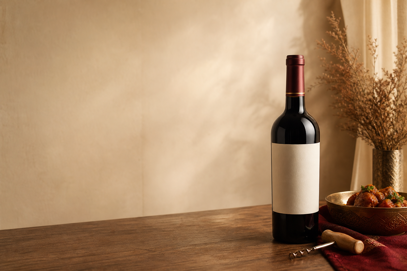 Botol wine dan gelas siap disajikan untuk makanan Indonesia