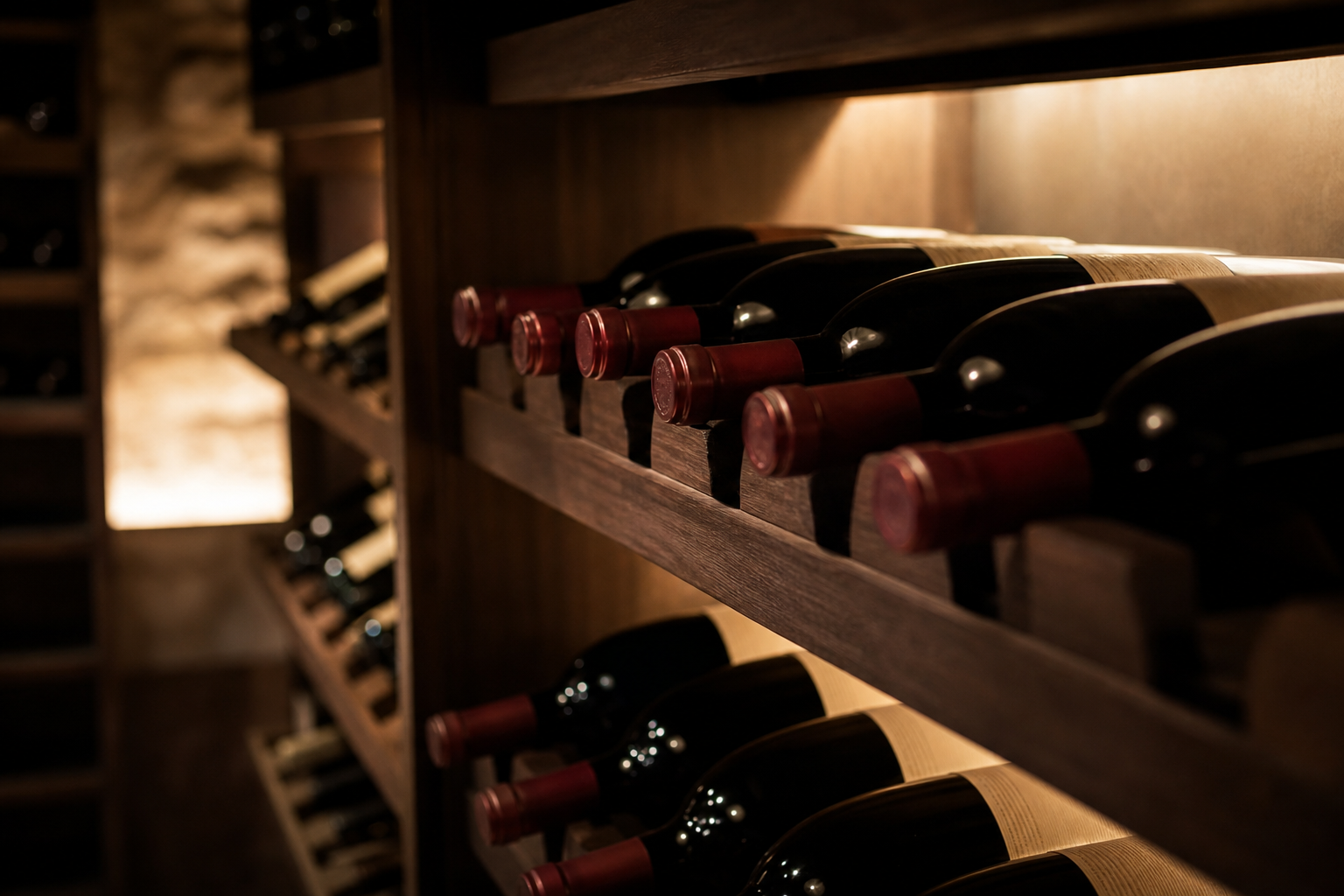 Botol wine disimpan horizontal di tempat sejuk dan gelap untuk menjaga kualitas
