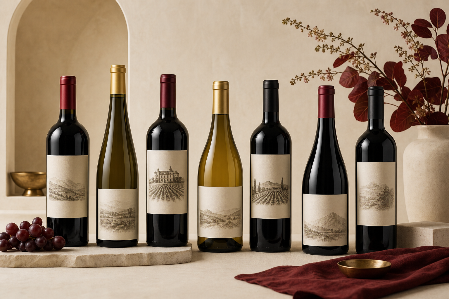 Koleksi botol wine dari berbagai region dunia untuk panduan pemilih wine