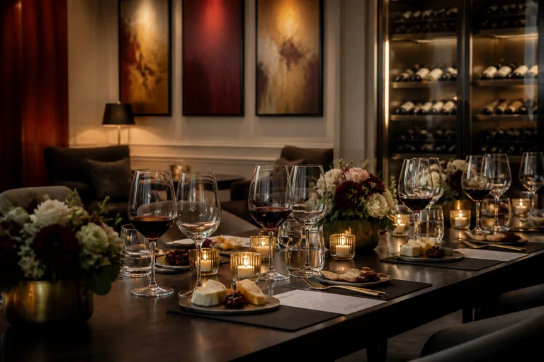 Meja private wine tasting dengan gelas, lilin, dan wine cellar di latar belakang