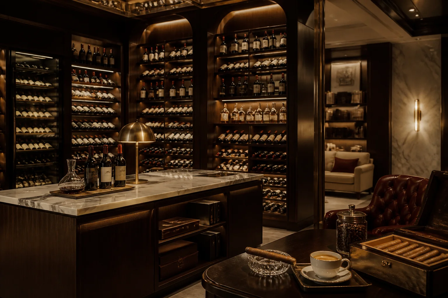 Interior wine cellar Peakwine dengan rak botol menjulang dan bar marble