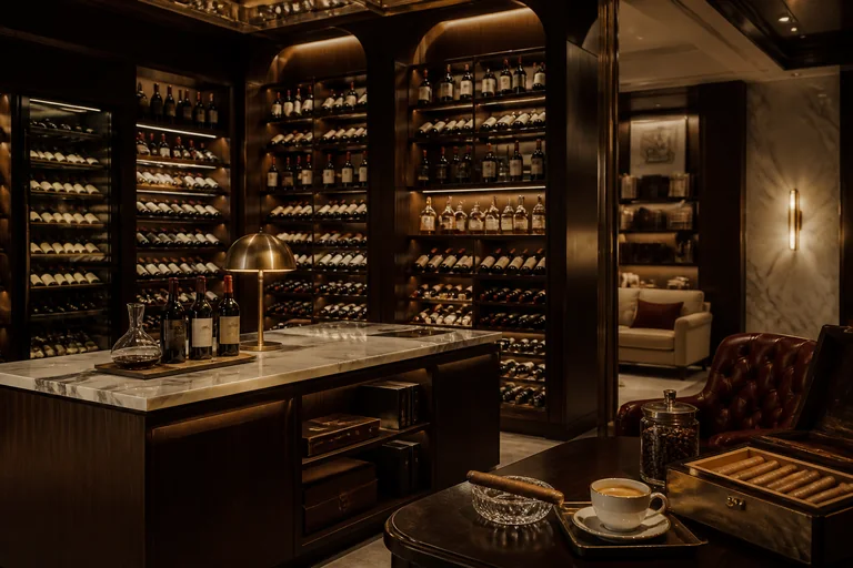 Interior retail wine cellar Peakwine dengan rak botol dan bar marble