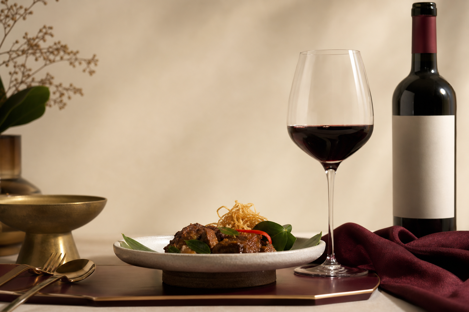 Wine dipasangkan dengan hidangan Indonesia di meja makan elegan