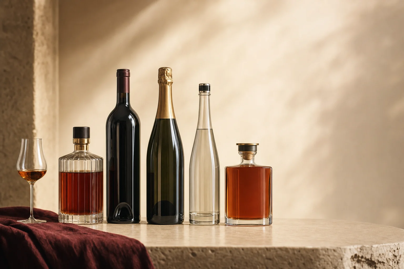 Lima botol premium tanpa merek dari kategori whisky, wine, champagne, sake, dan cognac berbaris di atas permukaan krem dengan satu gelas berisi cairan amber