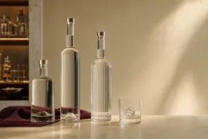 Tiga botol vodka berbagai bentuk dan gelas berisi es di atas meja krem bergaya editorial
