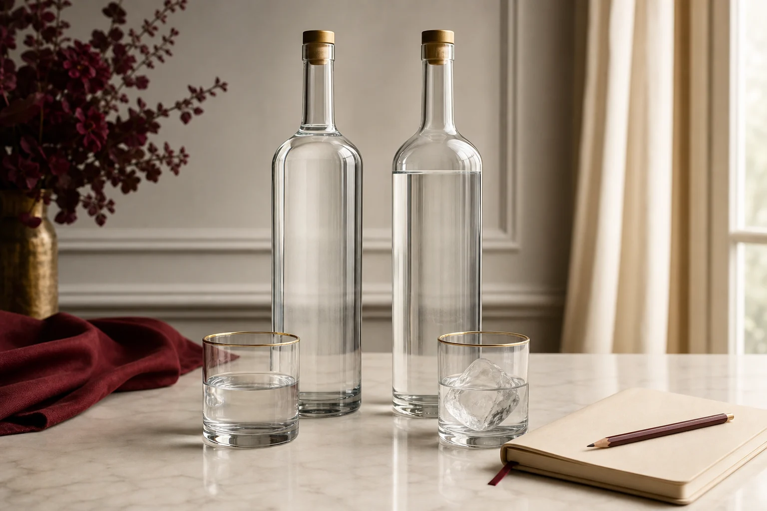 Dua botol vodka dan dua gelas tasting untuk membandingkan pilihan sebelum membeli