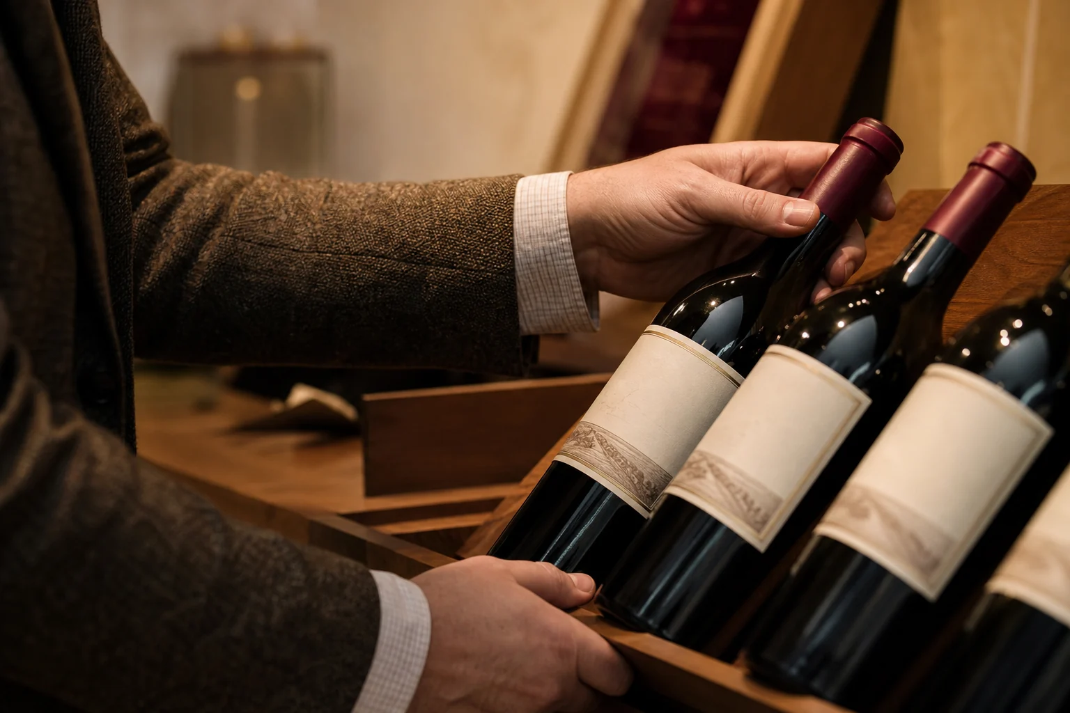 Kurasi dan seleksi botol wine premium Peakwine dengan pencahayaan hangat