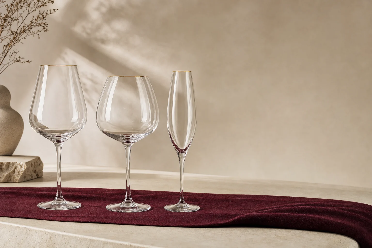Tiga gelas wine berkaki berbentuk berbeda di atas permukaan krem dengan cahaya lembut