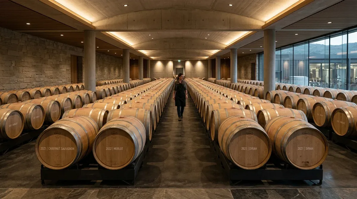 Ruang penyimpanan dan pematangan wine modern dengan barisan tong kayu ek Prancis di winery Bali