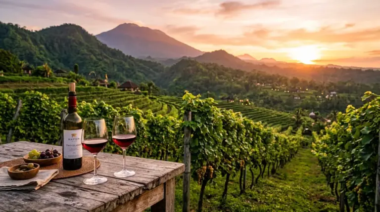 Pemandangan kebun anggur terasering di Bali Utara saat senja dengan meja kayu berisi botol dan gelas wine merah kristal