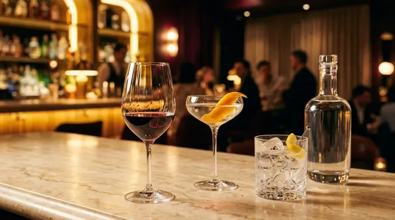 Gelas red wine kristal dan coupe cocktail di atas meja marmer lounge bar mewah dengan pencahayaan hangat
