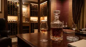 Decanter kristal berisi spirit warna amber keemasan di atas meja kayu mahoni ruang cicip privat mewah