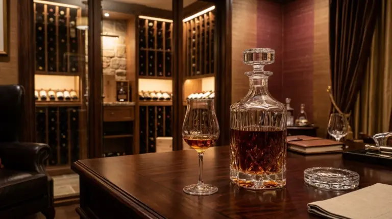 Decanter kristal berisi spirit warna amber keemasan di atas meja kayu mahoni ruang cicip privat mewah