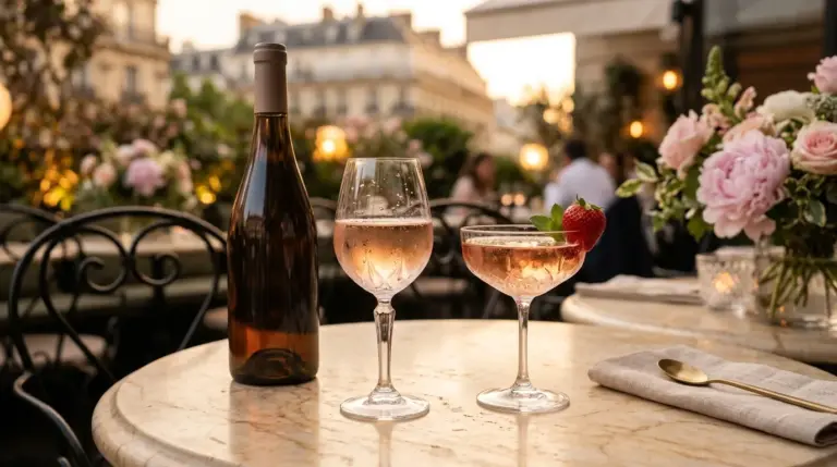 Segelas kristal rose wine berwarna pink lembut dan coupe cocktail berhias strawberry di atas meja marmer lounge outdoor