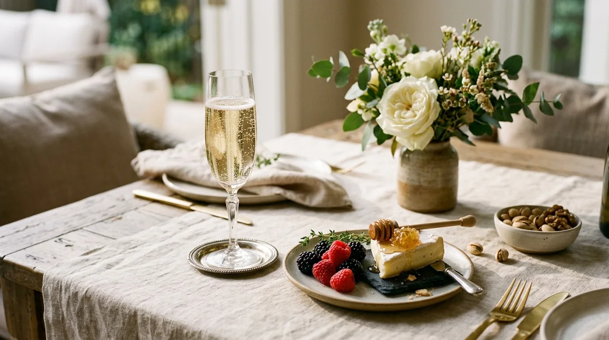 Gelas flute sparkling wine dingin berdampingan dengan piring buah beri segar dan keju brie di atas taplak meja linen
