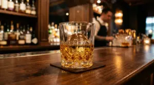 Gelas kristal berisi whisky warna amber keemasan dengan es bulat di atas meja bar kayu elegan