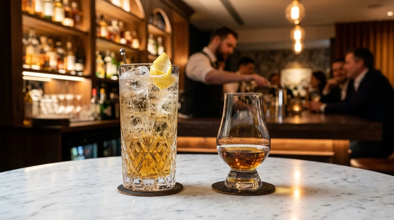 Segelas whisky highball berkarbonasi dingin dengan es batu dan twist lemon berdampingan dengan gelas tasting Glencairn di atas meja marmer