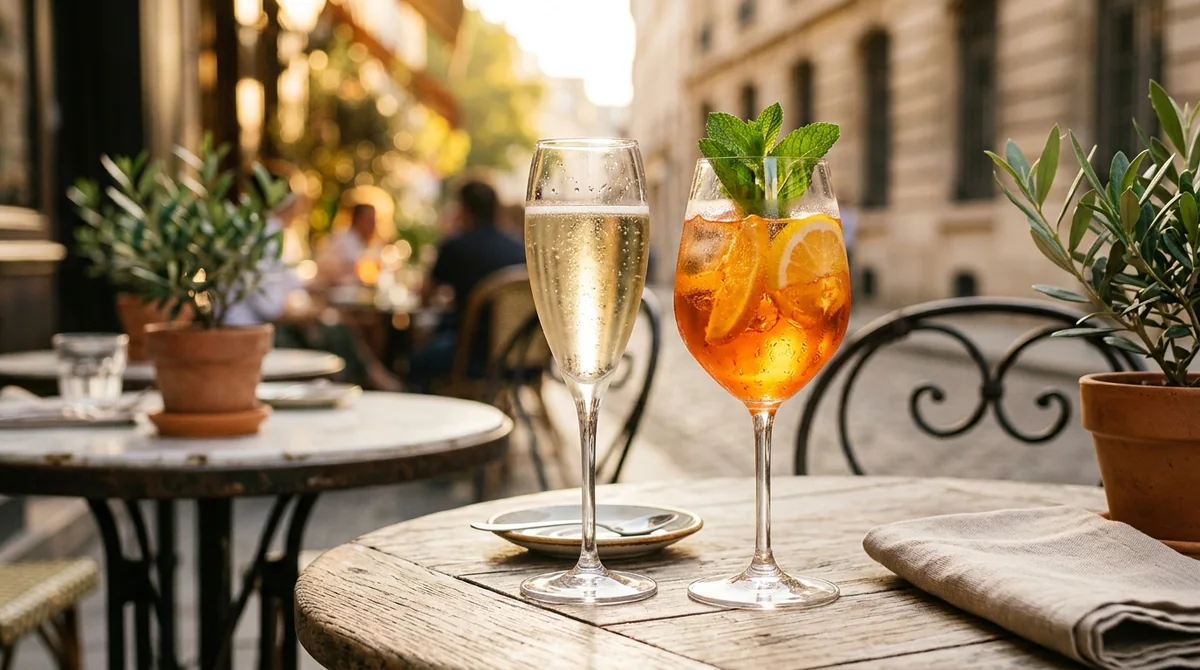 Dua gelas minuman elegan: sparkling wine flute dan cocktail aperitif dengan irisan citrus dan mint di atas meja bistro outdoor