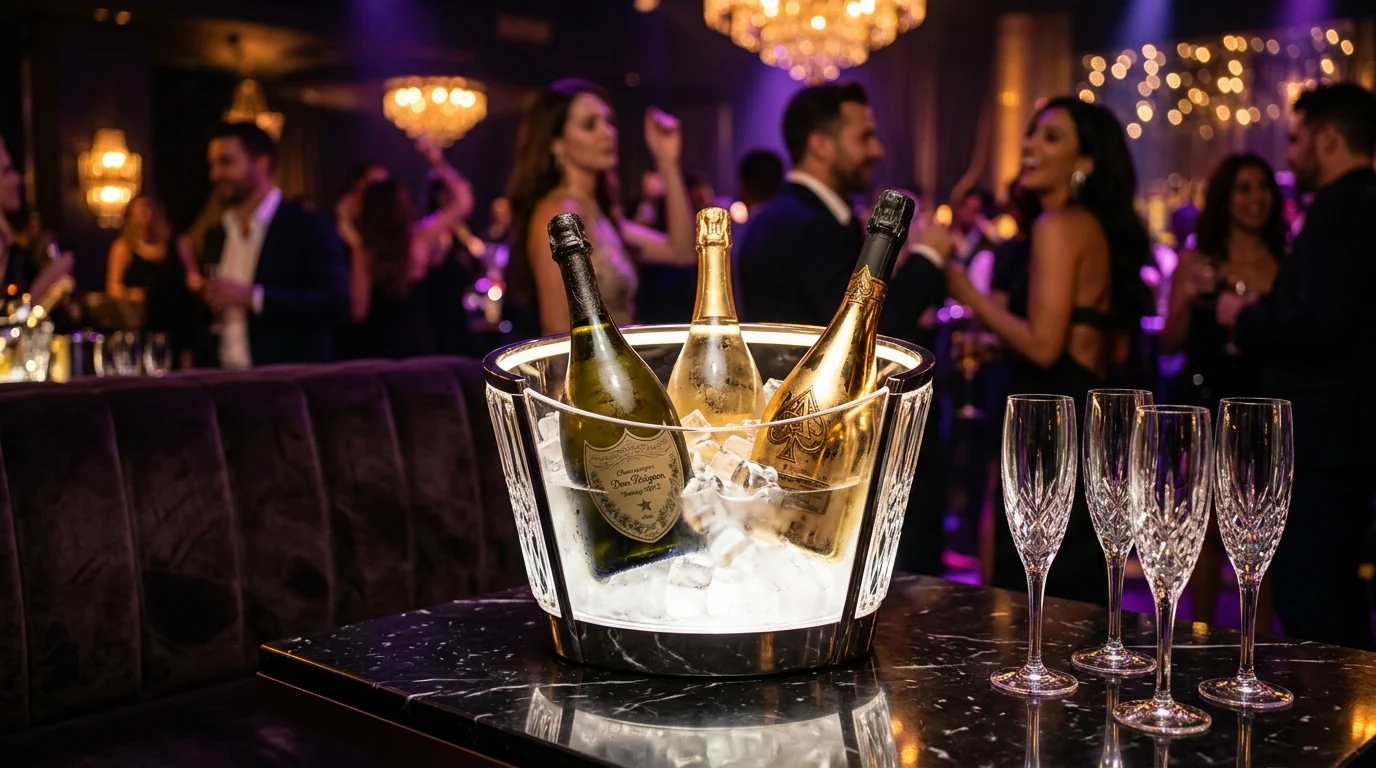 Ember es sampanye menyala di atas meja marmer hitam VIP lounge kelab malam dengan gelas kristal