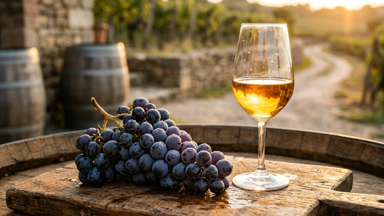 Gelas wine manis berkilau di samping anggur matang segar berembun di kebun anggur dengan pencahayaan golden hour alami