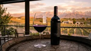 Gelas kristal berisi wine Malbec merah keunguan pekat dengan pantulan cahaya magenta dan botol elegan di atas meja kayu sommelier