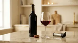 Botol wine merah terbuka dan gelas kristal di atas meja marmer dengan vacuum wine stopper