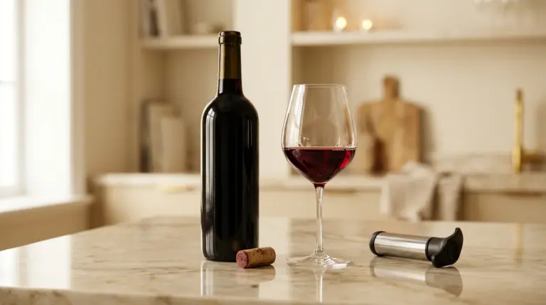 Botol wine merah terbuka dan gelas kristal di atas meja marmer dengan vacuum wine stopper