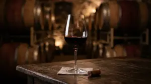 Gelas kristal berisi red wine Cabernet Sauvignon merah delima pekat di atas meja kayu ruang bawah tanah winery