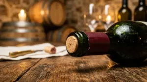 Leher botol wine mewah dengan foil terbuka dan gabus alami kayu di atas meja kayu gelap bertekstur