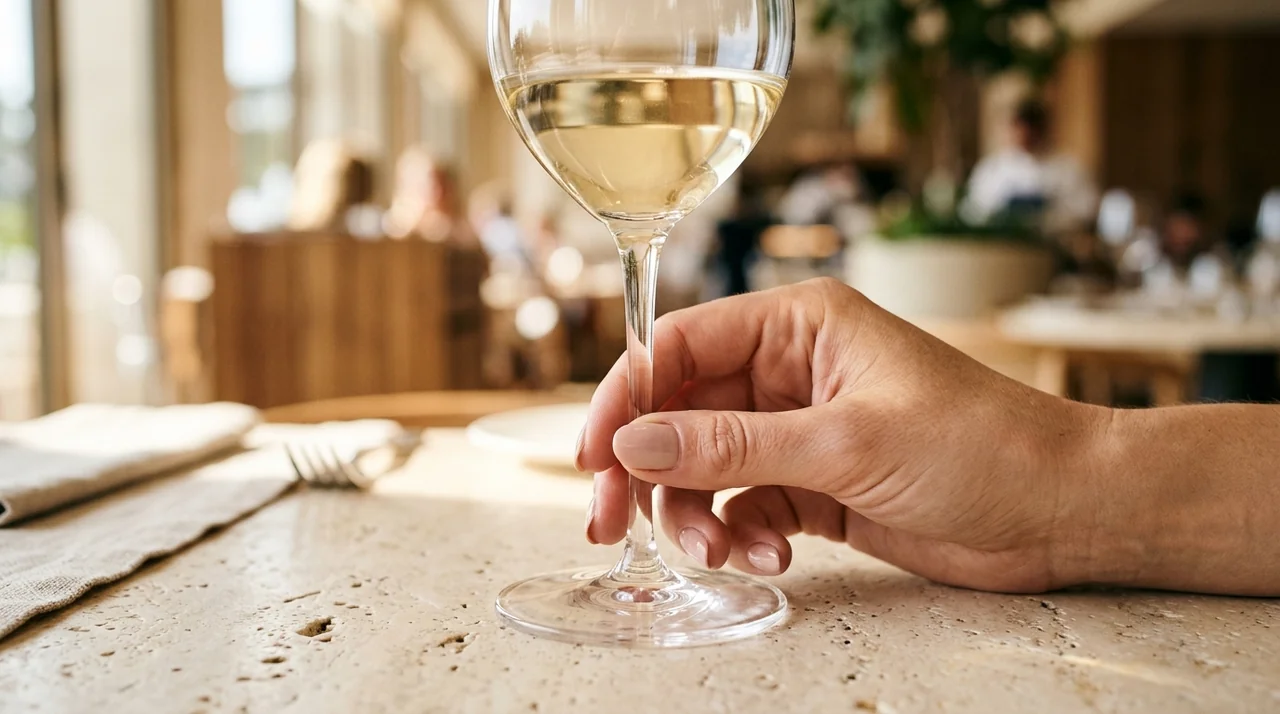Macro close-up posisi jari memegang batang gelas wine bertangkai dengan mangkuk kristal bersih tanpa sidik jari