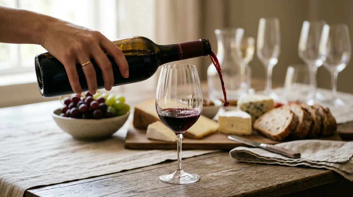 Seorang sommelier menuangkan red wine merah pekat ke dalam gelas kristal bening dengan latar belakang hidangan keju dan buah anggur segar