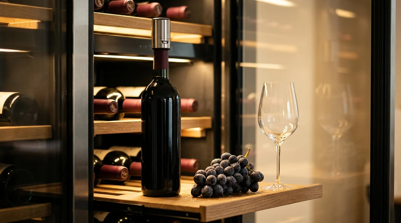 Botol wine yang dipasangi vacuum stopper disimpan dalam posisi berdiri tegak di kulkas