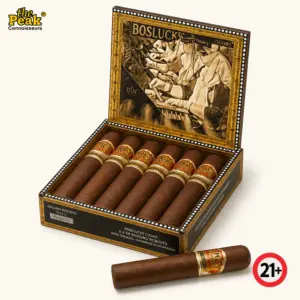 Foto kemasan Cerutu Boslucks Maduro Robusto Box (Isi 6 Batang) di atas latar belakang netral Peakwine