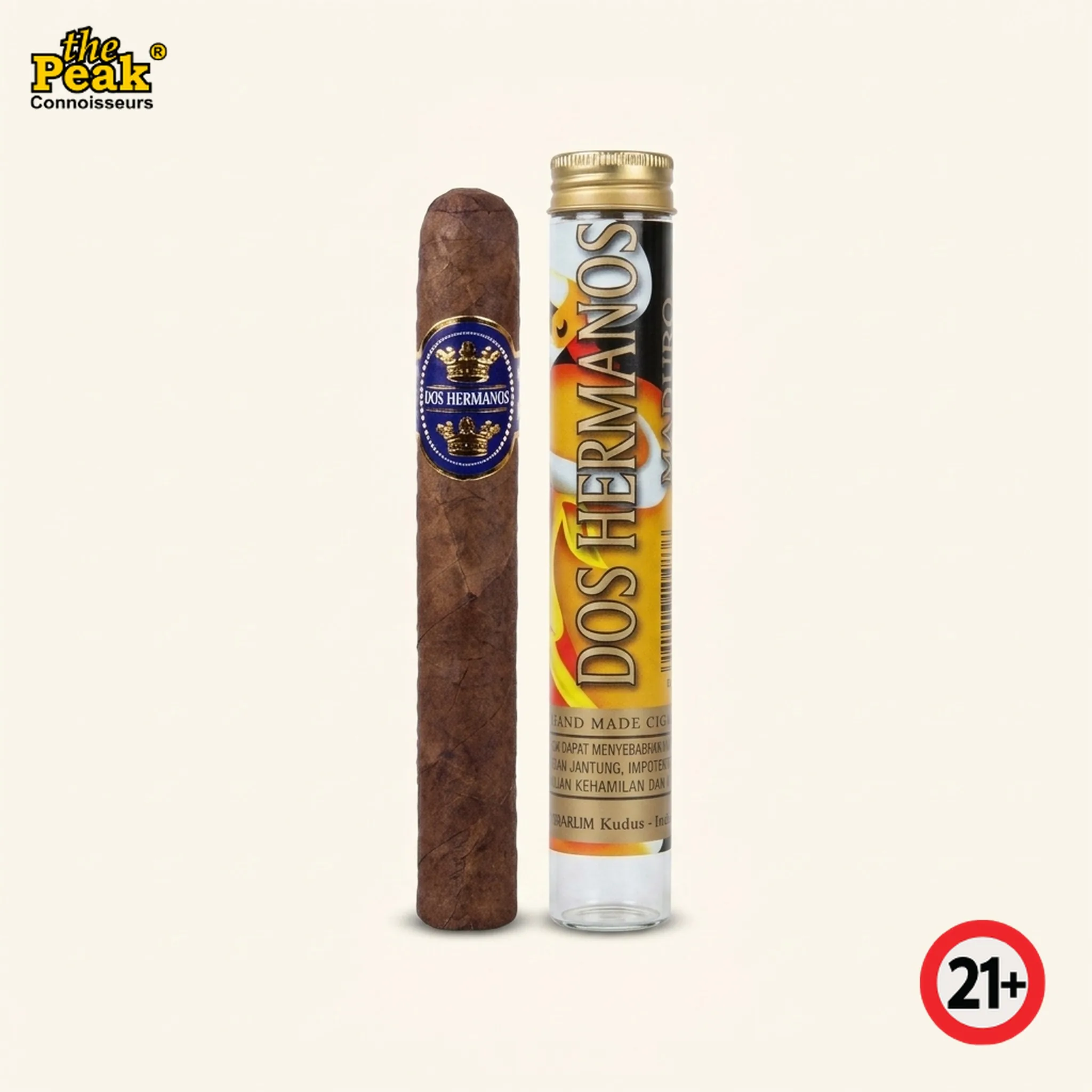 Cerutu Dos Hermanos Maduro Glass Tube (1 Batang) Foto kemasan Cerutu Dos Hermanos Maduro Glass Tube (1 Batang) di atas latar belakang netral Peakwine