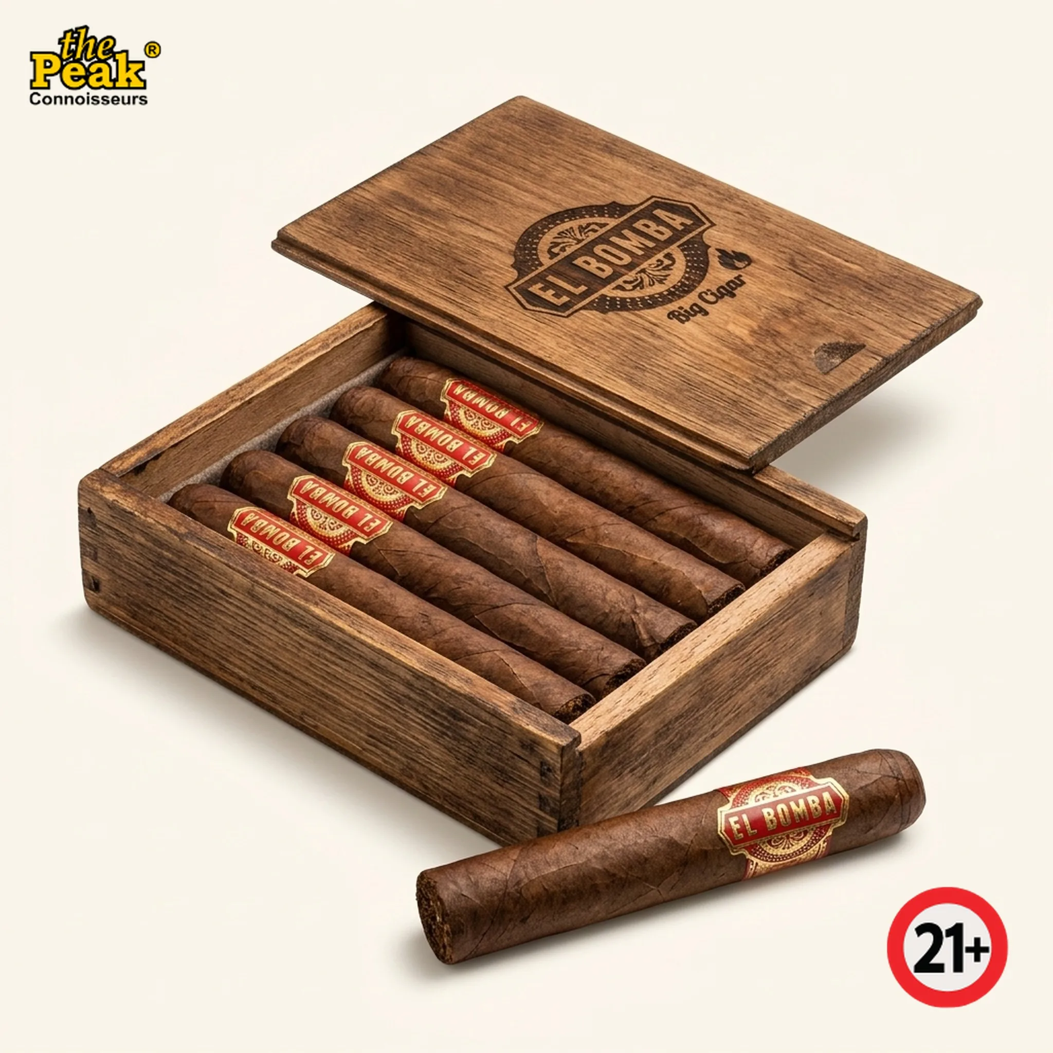 Cerutu El Bomba Big Cigar Wooden Box (Isi 5 Batang) Foto kemasan Cerutu El Bomba Big Cigar Wooden Box (Isi 5 Batang) di atas latar belakang netral Peakwine