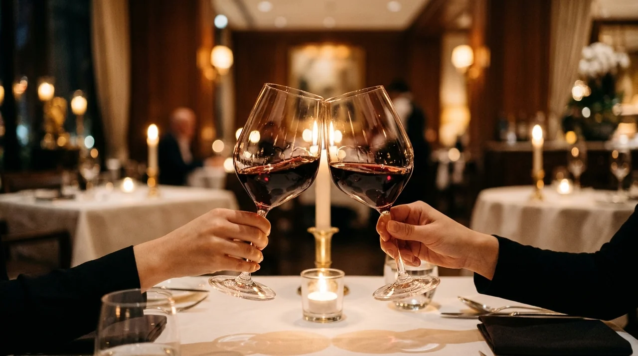 Dua gelas wine kristal tipis bersulang lembut dengan sentuhan mangkuk di restoran fine dining bernuansa hangat