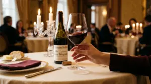 Tangan elegan memegang batang gelas wine kristal berisi red wine di meja restoran mewah dengan pencahayaan hangat lilin