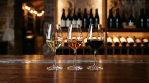 Tiga gelas kristal wine putih, dessert wine, dan wine merah di atas meja kayu mewah dengan pencahayaan hangat