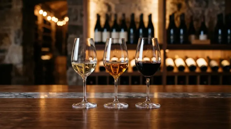 Tiga gelas kristal wine putih, dessert wine, dan wine merah di atas meja kayu mewah dengan pencahayaan hangat