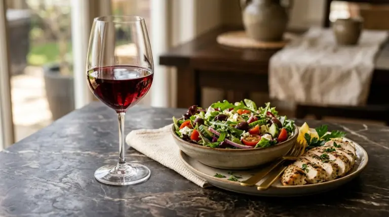 Segelas crystal red wine di samping hidangan salad mediterania segar di meja marmer hangat
