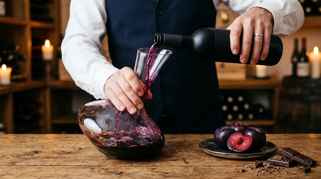 Sommelier menuangkan wine Malbec merah pekat ke dalam decanter kristal didampingi buah plum hitam dan cokelat artisan