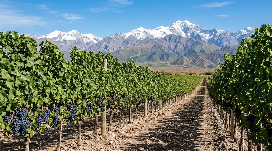 Barisan tanaman anggur Malbec ungu tua di perkebunan Valle de Uco Mendoza berlatar puncak salju Pegunungan Andes
